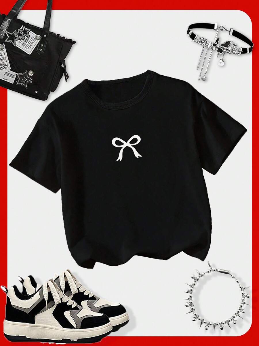 SHEIN Tween Girl Casual Stylish Cute Bow Print Short Sleeve Round Neck T-Shirt - Black - View 1