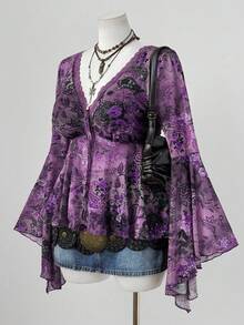 Sunspun Áo cánh tay loe họa tiết hoa hạt điều cổ chữ V xếp nếp chắp vá cỡ lớn dành cho nữ - Nhiều màu - Xem 3