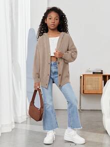 SHEIN 青少年女孩休闲宽松连帽长袖开衫毛衣女孩毛衣夹克大女孩针织开衫开衫少女女孩青少年女孩夏季夹克朴素的衣服青少年，秋季/冬季/秋季 - 卡其色 - 查看 3