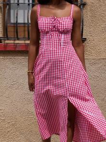 Yess Loren 女士格子吊带中长连衣裙，时尚适合夏季 - 紅白色 - 查看 3