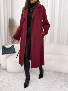 SHEIN Clasi 女士圣诞节，优雅插肩袖双排扣腰带酒红色长款风衣，秋冬季万圣节圣诞节女士冬季风衣 - 酒紅色 - 查看 6
