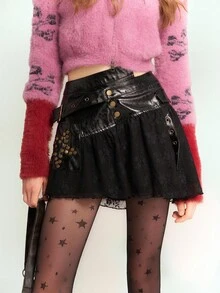 Bloopia Punk Rock Chic Streetwear Sexy Fashion Thu/Đông Nữ Halloween Star Element Design Rivet PU Contrast Lace Asymmetrical A-Line Hem Skirt - màu đen - Xem 3