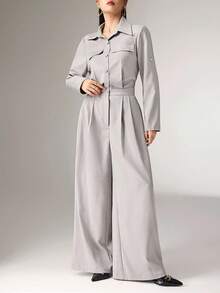 Heiryn Chemise décontractée à manches retroussées et à simple boutonnage avec design plissé et combinaison à jambes larges pour femmes, couleur unie - Gris - Voir 5