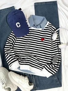 SHEIN Tween Girl Striped Print Heart Patched Sweatshirt - Black and White - View 6