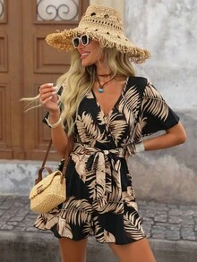 Brillora 女式葉紋圍巾V領連身褲，適用於夏季海灘假期 - 黑與白 - 查看 9