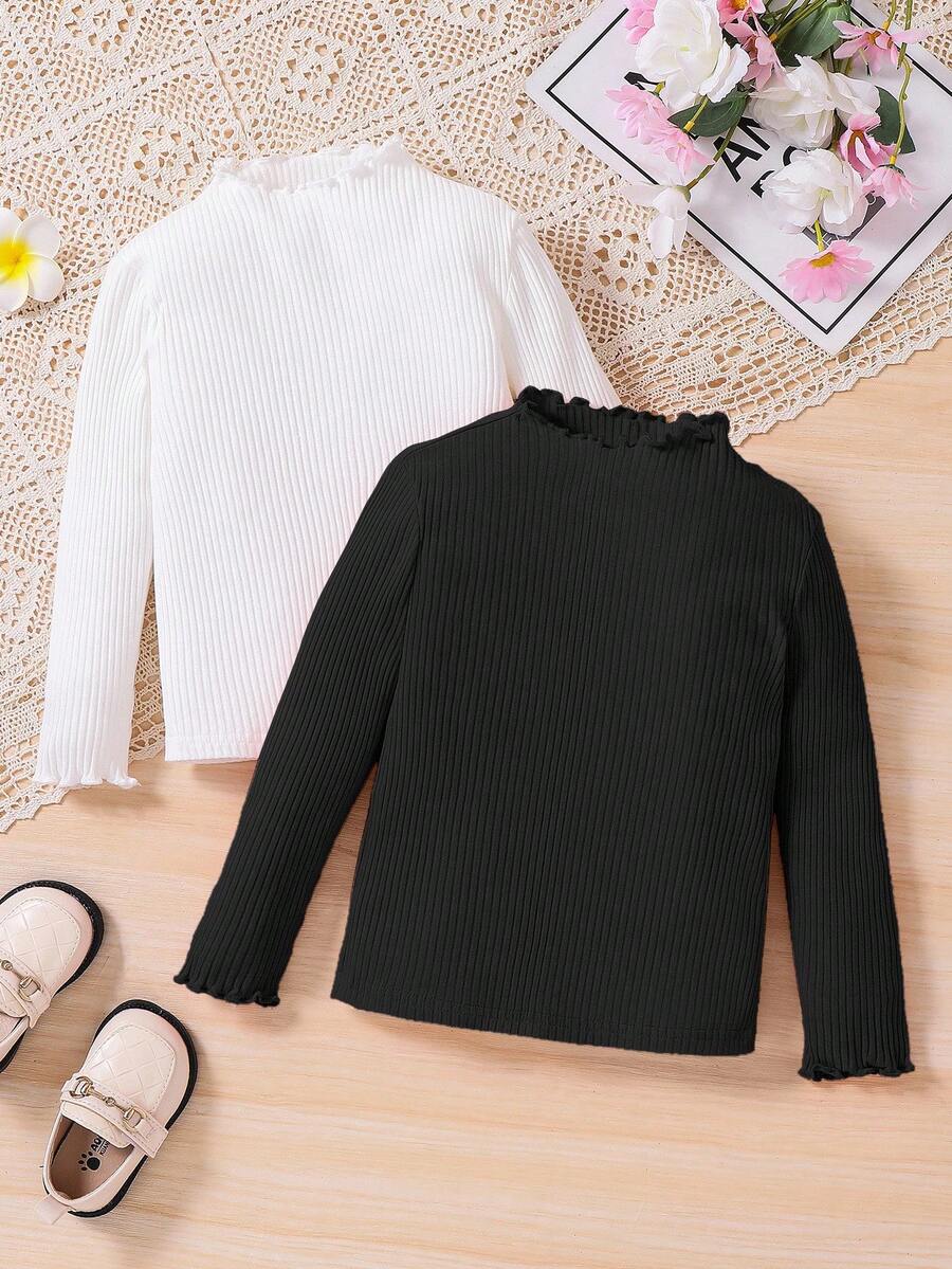 SHEIN 青少年女孩最便宜买 1 送 1 2 件/套休闲基本百搭波浪边立领长袖纯色上衣 2 件/套，秋冬，非常适合休闲和日常穿着和学校日常，学院风格，返校，派对 - 彩色 - 查看 1