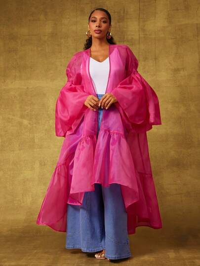 Vixey 豹纹透明欧根纱荷叶边下摆和服，女士沙滩装，夏季，波西米亚风，女士沙滩罩衫，海岛度假装