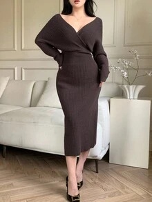 DAZY 女式纯色 V 领蝙蝠袖长袖修身优雅针织连衣裙，秋季毛衣裙 - 咖啡棕 - 查看 1