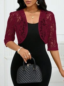 SHEIN Lady 2025新款女士酒红色蕾丝短袖开襟露脐优雅轻薄外套，适合万圣节、新年和圣诞节等场合穿着。 - 酒紅色 - 查看 5