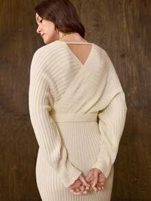 Hansera 秋冬新款交叉带深V领性感女式毛衣裙 - 杏色 - 查看 3