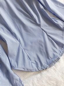 少女时尚修身条纹喇叭袖衬衫，适合秋冬穿着，休闲，街头，外出，可搭配牛仔裤，运动裤，夹克 - 藍色 - 查看 4