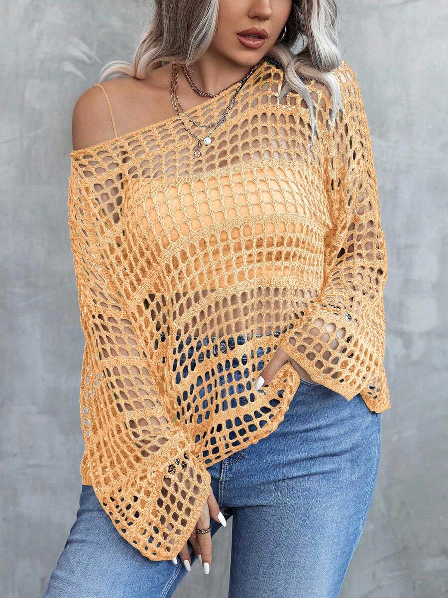 EMERY ROSE Suéter holgado de punto informal para mujer de talla grande, con hombros descubiertos, calado, mangas acampanadas, semitransparente, color negro, para primavera/otoño - Naranja Coral - Ver 1