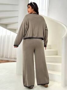 Solflare 2pcs/Set Plus Size Women Solid Color Patchwork Front Button Long Sleeve Casual Sweater And Pants Set,Women's Fall Clothes,Winter,Warm Autumn Comfortable Two Piece Set - Khaki - View 2