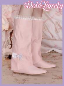 Dola Lovely Women's Pointed Toe Bow Decor Patchwork Ruffle Trim Mid-Calf Boots - Pink - View 3