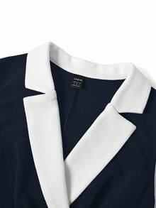 Ellevyn 女士优雅简约通勤黑白撞色修身中长连衣裙 - 藏蓝色 - 查看 4