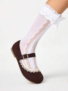 ROMWE Kawaii Women's Brown Loafers, Closed Toe Mary Jane Shoes, Bow Lace Lolita Ballet Flats - Brown - View 3