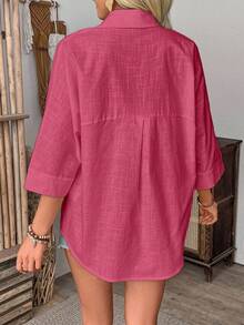 EMERY ROSE 休闲宽松七分袖纯色纽扣女式衬衫 - 紅色 - 查看 2