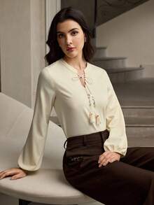 ZEYLAH 女士优雅长袖打结衬衫，修身时尚 - 杏色 - 查看 7