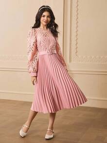 少女圆领长袖蕾丝拼布褶皱优雅派对连衣裙，适合万圣节、圣诞节 - 粉色 - 查看 5