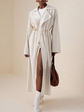 Vesra 杏色串珠抽绳中长款风衣