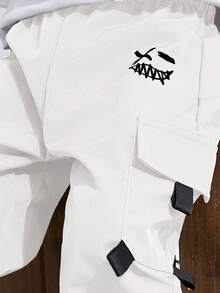 SHEIN 青少年男孩白色休閒夏季工裝褲，圖案印花口袋寬鬆抽繩運動褲，適合上學、通勤、日常、旅行，四季皆宜 - 白色 - 查看 5