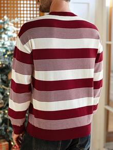 Manfinity Homme 男士圆领长袖落肩条纹休闲百搭针织毛衣，红色条纹毛衣，秋冬 - 彩色 - 查看 2