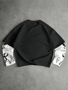 PAVTROS 男士街头风流行 INS 搭配天使丘比特印花刺绣爱心户外音乐节夜店男友丈夫礼物周年纪念礼物二合一 T 恤，适合秋季 - 彩色 - 查看 3