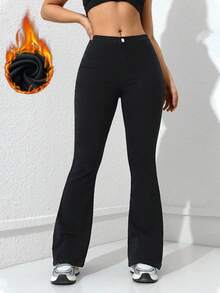 Damen Lässig Alltagsoutfit einfache unifarbene Thermojeans mit Glockenform, Herbst/Winter - Schwarz - Übersicht 6