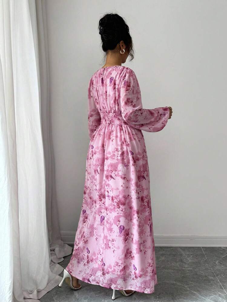 Modelyn Chiffon Butterfly Print Ruched Round Neck Long Sleeve Dress Dress Modest Pink Floral Dress Feminine Dress Floral Dress - Multicolor - View 2