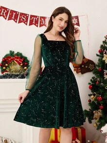 SHEIN Váy nhung nữ, Váy xanh lá cây mới, Váy thanh lịch vừa vặn thoải mái, Vải nhung, Thoải mái & thanh lịch, Phù hợp để mặc hàng ngày & Phong cách đường phố - màu xanh lá - Xem 3