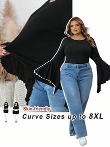 SHEIN CURVE+ Plus-Size Women's Black Long-Sleeved Flared-Sleeve Fitted Top, Dark Style/Fall/Winter - Black - View 1