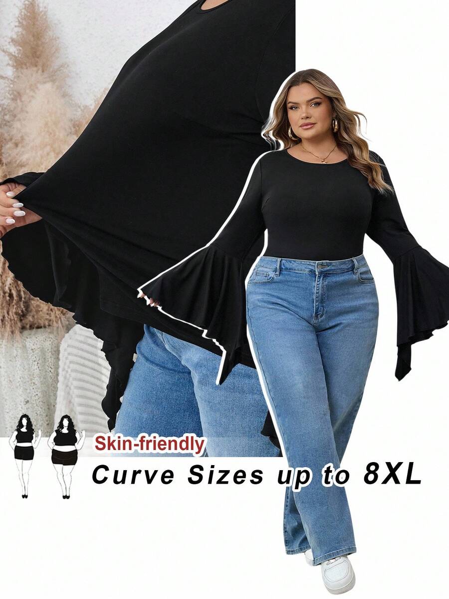 SHEIN CURVE+ Plus-Size Women's Black Long-Sleeved Flared-Sleeve Fitted Top, Dark Style/Fall/Winter - Black - View 1