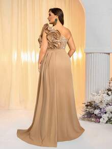 Glamrae Plus Size Beaded Patchwork Knit Fabric, Ruffle Hem, Sequin Decor, Green Asymmetric Shoulder Formal Evening Gown (Heavy Embellished) - Apricot - View 2