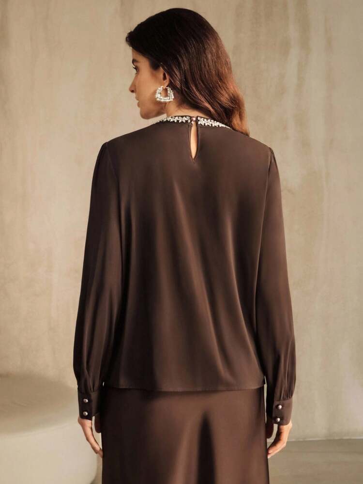 2025 Neue elegante Bluse mit rundem Ausschnitt, Stickerei, Strass und Raffungen an den Ärmeln aus Chiffon