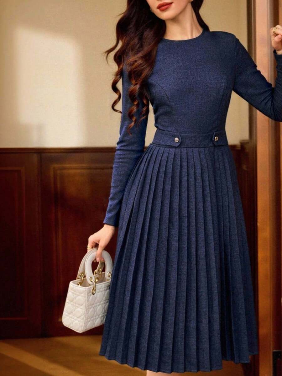 Vintamour Váy nữ thanh lịch cổ điển có túi, nút kim loại xếp ly, váy đi làm thường ngày, váy ngày lễ, quần áo mùa thu cho nữ, quần áo mùa thu cho nữ, trang phục mùa thu cho nữ, trang phục mùa thu cho nữ, quần áo mùa đông cho nữ, váy mùa thu cho nữ, váy mùa đông cho nữ, quần áo Giáng sinh cho nữ, trang phục Giáng sinh cho nữ, quần áo Ngày Quốc khánh Ả Rập Xê Út, váy thanh lịch cho nữ, váy thanh lịch, váy năm mới cho nữ