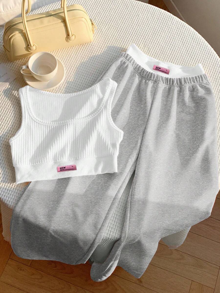 Comfortcana 2 pezzi/set Top a canotta con stampa di lettere e pantaloni a blocchi di colore a contrasto, crema e giallo, adatto per vacanze estive - Grigio - Visualizzare 1