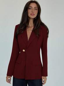 Aloruh 女式简约单扣腰部收腰西装外套，适合通勤，秋季 - 酒紅色 - 查看 5