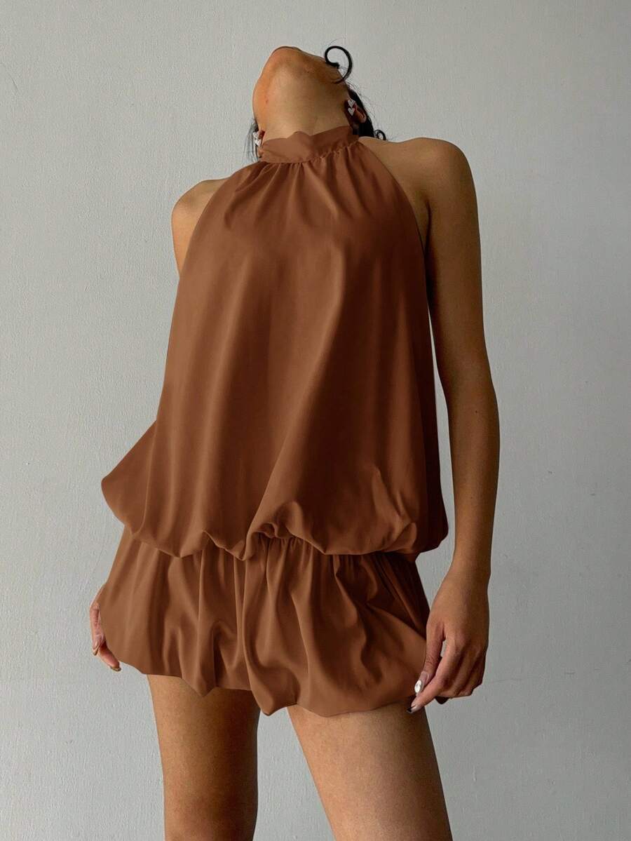 Aloruh Women's Casual Vacation Style Solid Color Backless Tie Knot Ruffle Hem Mini Dress, Summer - Coffee Brown - View 1