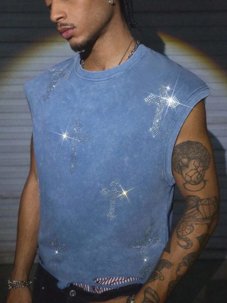 AXEPEAK 男士夏季休闲黑色无袖背心，做旧下摆，水钻装饰 - 藍色 - 查看 1