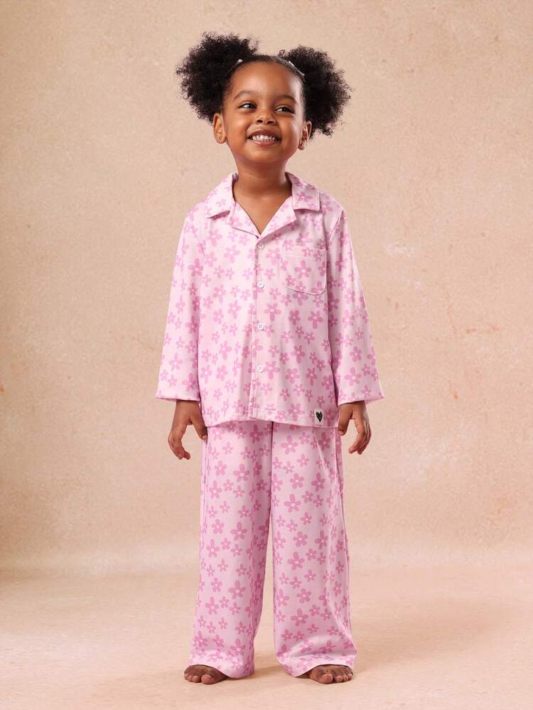 Floral Print Button Down Pajama Set With Pocket