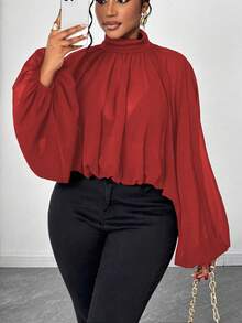 Maweii Blus Fashion Longgar Berlipit Lengan Lentera Leher Tinggi Warna Polos untuk Wanita Ukuran Plus, Warna Natal - Merah - View 7
