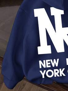 Áo sweatshirt dài tay dáng rộng, họa tiết hoạt hình NY tối giản, phong cách thường ngày cho bé trai tuổi teen, thích hợp cho mùa thu/đông. - Màu xanh hải quân - Xem 4