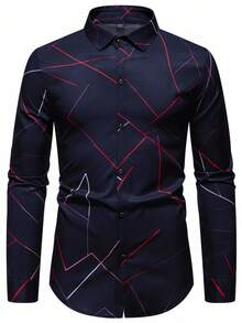 Manfinity Mode Navy Blue Patterned Casual Dress Shirt, Suitable For Daily Wear, Boyfriend Gift, Business Casual, Fall