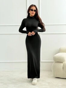 SHEIN PETITE Damen elegantes einfarbiges Maxi Rollkragen Langarm Bodycon Kleid, Frühling Herbst Langkleid Schwarzes Langkleid Winterliches sexy Langkleid Langarm Langkleid - Schwarz - Übersicht 8