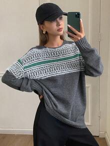 DAZY 女式撞色复古提花宽松圆领长袖休闲街头风格针织毛衣，秋冬 - 灰色 - 查看 1