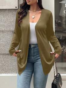 Vionelle 大码女式纯色长袖休闲开襟针织衫，秋季绿色开衫 - 橄欖綠 - 查看 3