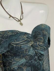 SHEIN ICON Fall Women's Western Boho Teal Green Bell Sleeve Off Shoulder Paisley Pattern Casual Long Sleeve Fitted Vintage Top