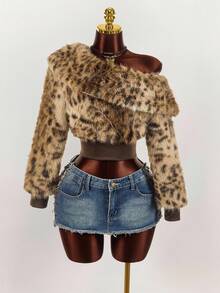 Amplova 秋冬女士时尚不对称领仿皮草豹纹夹克 - 彩色 - 查看 3