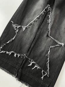 Elamini Women's Patchwork Fringe Wide Leg Loose Casual Denim Pants - Black - View 6