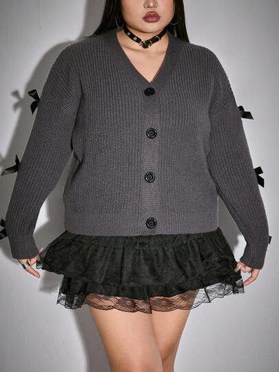 Grunge Punk Cárdigan de punto gris con lazo sexy y transparente para tallas grandes